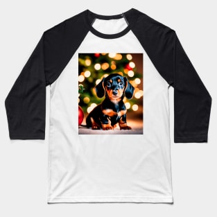 Tiny Dachshund Puppy Dog by Christmas Tree Baseball T-Shirt